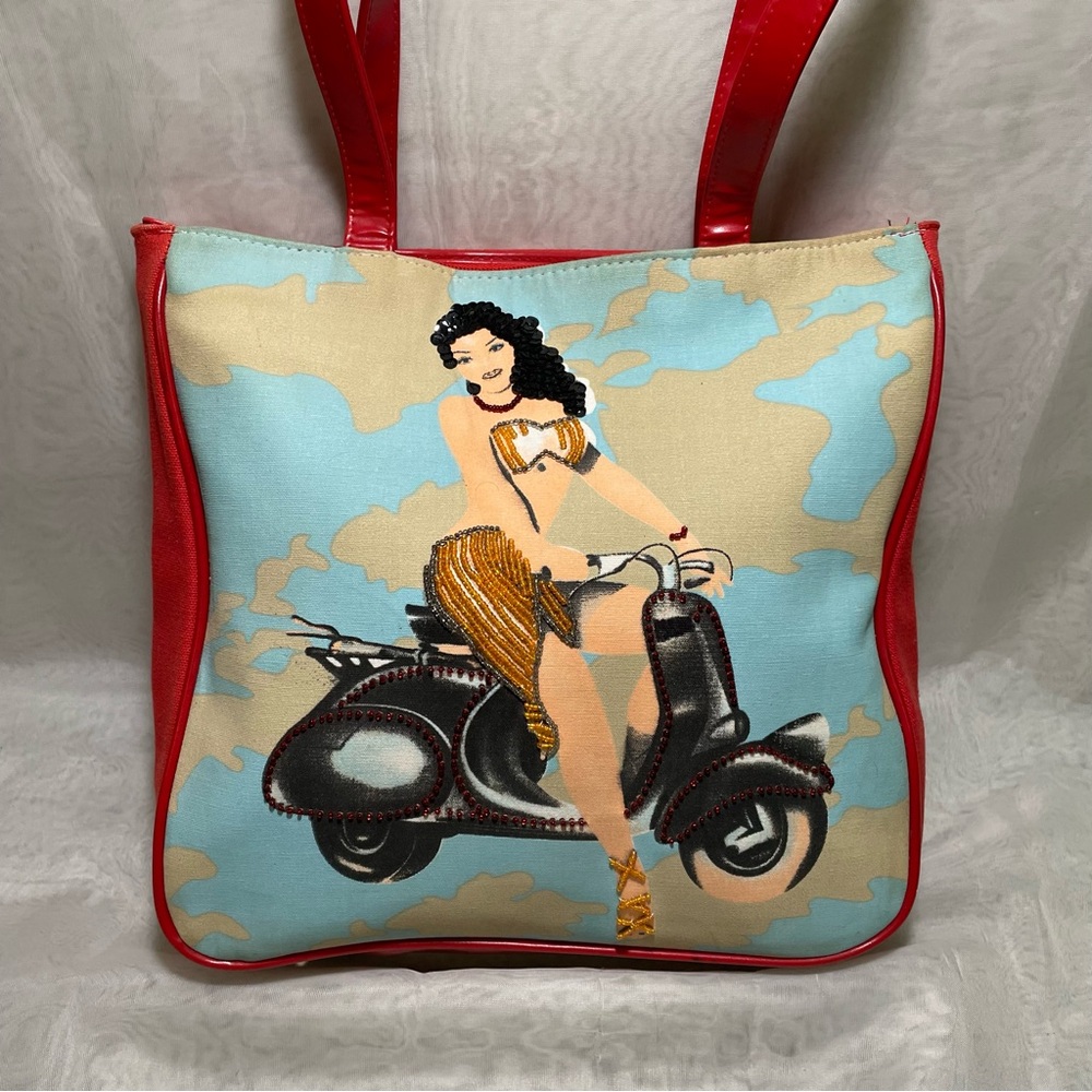 Vintage Red Tote Bag with Vintage Motorcycle Pinup Design ✨RARE✨